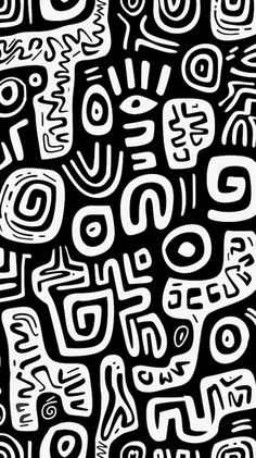 an abstract black and white background with many different types of letters in the style of doodle