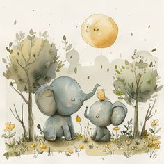 two elephants are playing with each other in the grass near trees and an orange moon