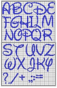 cross stitch alphabets with letters and numbers in blue on a white gridded background