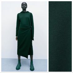 Nwt. Zara Dark Green Knotted Plush Midi Dress With Hood, Long Sleeves, Front Wrap Tie Detail. Size S. Ref. 1198/027. Pit To Pit 18" Flat, Shoulders 19", Sleeves 20", Length 47". 1049. Zara Ribbed Dress, Fitted Denim Dress, Blush Midi Dress, Dress With Hood, Pink Pleated Dress, Zara Printed Dress, Ribbed Bodycon Midi Dress, Zara Midi Dress, Strappy Midi Dress