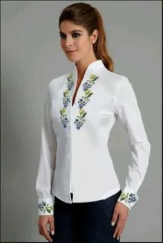 Stand Collar Blouse, Bohemian Jackets, Boho Jacket, White Shirts Women, Kurta Designs, Embroidery Dress, Nara, Blouse Styles, Fashion Tops