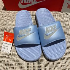 Brand New, Never Worn. Size 11 Light Blue Synthetic Slip-on Slides, Light Blue Synthetic Slides With Round Toe, Light Blue Flat Casual Slides, Light Blue Casual Slides For Spring, Casual Light Blue Flat Slides, Casual Light Blue Slides For Spring, Blue Synthetic Slides For Spring, Blue Slip-on Slides For Spring, Blue Spring Slip-on Slides