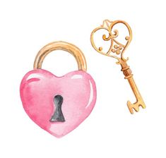 a watercolor painting of a heart shaped key and a lock with a keyhole