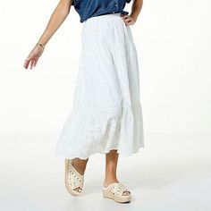 Jaclyn Smith Woven Eyelet Tiered Maxi Skirt - 20770187 | HSN Breezy Tiered Maxi Skirt, Spring Ruffled Maxi Skirt For Beach, Casual Tiered Maxi Skirt With Layered Hem, Cotton Tiered Skirt For Vacation, Spring Vacation Tiered Maxi Skirt, Tiered Cotton Skirt For Vacation, Ruffled Maxi Skirt For Beach In Spring, Tiered Maxi Skirt For Summer Day Out, Casual Tiered Maxi Skirt For Day Out