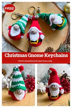 crocheted christmas gnome keychains are on display