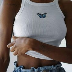 Sexy Butterfly Embroidered Short Slim Sleeveless White Tops Supper Cute Trendy White Top With Cute Butterfly #Butterflytop #Whitetop #Top #Tandytop #Trandy Crop Tops Casual, Butterfly Tank Top, Summer Vest, Strap Crop Top, Colorful Butterfly, Y2k Aesthetic Outfits, Crop Top Casual, Embroidered Shorts, Top Crop