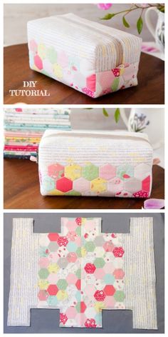 the instructions for how to make a quilted tissue paper box with flowers on it