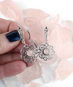 Elegant and timeless, these sterling silver filigree dangle drop floral earrings are perfect for any special occasion. With their delicate filigree design, these earrings add a touch of sophistication to any outfit. The pink chalcedony gemstone is natural and faceted, making it sparkle and shine. Whether you're dressing up for a birthday party or just looking for a new pair of everyday earrings, these sterling silver dangle drop earrings will quickly become your favorite. Your simple, elegant st Ornate Sterling Silver Earrings With Elegant Design, Filigree Chandelier Earrings As Gift, Sterling Silver Filigree Dangle Chandelier Earrings, Sterling Silver Filigree Chandelier Earrings, Sterling Silver Filigree Chandelier Earrings For Formal Occasions, Sterling Silver Filigree Chandelier Earrings For Formal Events, Formal Sterling Silver Chandelier Earrings With Filigree, Formal Sterling Silver Filigree Chandelier Earrings, Wedding Filigree Drop Flower Earrings