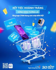 a shopping cart filled with different types of electronic gadgets in front of a blue background