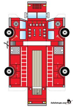 the cut out paper model of a red firetruck with speakers and lights on it