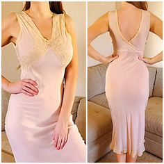 "1920s 100% Silk Nightgown/Slip/Dress Pink with Ecru handmade lace at Bodice, Arms and Hem. Queen of Lace/ Alencon/French Lace! Beautiful Bias Handmade Dress from the 1920s. Small Bust 17\" across and would just fit up to a 36 bust Waist 14\" across Hips are 18\" across Hemline is 62\" sweep Length is 56\" 2 very tiny little holes, in overall good condition for a 100 year old nightgown, Holes are not really noticeable. This is a true vintage collector piece Model wears a size 8 and is 6 feet tal Vintage Fitted V-neck Slip Dress, Vintage Lace V-neck Nightgown, Vintage Slip Dress For Wedding Night, Fitted Beige Lace Trim Slip Dress, Fitted Beige Slip Dress With Lace Trim, Beige Slip Dress With Lace Trim For Daywear, Fitted Vintage V-neck Nightgown, Vintage Nightgown With Delicate Lace For Wedding Night, Vintage Cream Lace Slip Dress