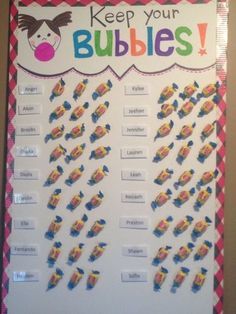 a bulletin board with words and pictures on it that says keep your bubbles in the shape of candy