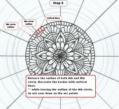 an image of a circular design with instructions on how to draw the petals in red