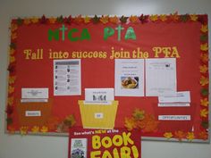 a bulletin board with fall leaves on it and the words, nca pta fall into success join the pfa book fair