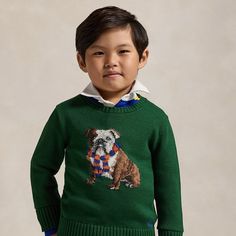 This sweater features a cute bulldog wearing a striped scarf that’s embroidered with our signature Pony. Sweatpants And Sweater, Boy Jumper, Intarsia Sweater, Cute Bulldogs, Striped Scarf, New Forest, Swimwear Dress, Embroidered Sweater, Ralph Lauren Sweater