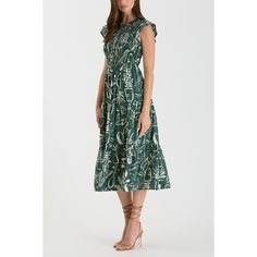 The August Sky Women's Floral Smocked Flutter Sleeves Midi Dress is a perfect blend of elegance and charm. Featuring short flutter sleeves and a round neckline with a behind-the-neck button keyhole opening, this dress adds a touch of sophistication. The smocked bodice and elastic waistband provide a flattering fit, while the tiered skirt adds graceful movement. Lined to prevent sheerness, the floral print gives it a fresh and feminine look. Ideal for any occasion, this midi dress offers style an Elegant Smocked Dress With Ruffle Hem And Sleeves, Green Smocked Dress With Ruffles For Garden Party, Spring Green Dresses With Smocked Cuffs, Chic Smocked Dress With Flutter Sleeves For Spring, Elegant Smocked Dress With Flutter Sleeves For Summer, Chic Smocked Dress With Flutter Sleeve And Ruffle Hem, Garden Party Smocked Dress With Ruffle Sleeves, Green Ruched Smocked Dress, Elegant Ruffle Sleeve Smocked Spring Dress