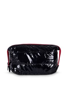 BLACK PATENT/RED ZIPPER Our chic and durable everyday cosmetic case holds all the makeup essentials! Washable puffer body Mesh lining with interior pocket Dimensions 7 1/2”W x 4 1/2”H x 4”D Compact Functional Cosmetic Bag With Zipper, Black Cosmetic Bag With Zipper For On-the-go, Black Rectangular Nylon Pouch, Black Nylon Rectangular Pouch, Black Functional Cosmetic Bag With Zipper, Compact Black Cosmetic Bag, Compact Black Cosmetic Bag For Everyday Use, Black Zipper Pouch Cosmetic Bag, Black Cosmetic Bag With Zipper Closure