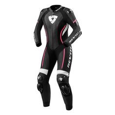 a black and pink motorcycle suit on a white background