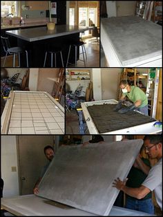 there are many different pictures of people working on the counter top in this kitchen area