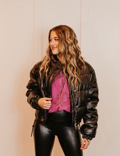 Pleather puffer jacket - the softest, high end material.. LOVE this one! Pleather is always scary for me to order but this one is just awesome. Cropped fit True to size Puffer Jacket, Love This, Puffer, Blonde, Leggings, Leather, Quick Saves, Clothes