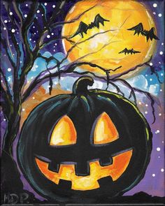 an acrylic painting of a jack - o'- lantern in front of a full moon