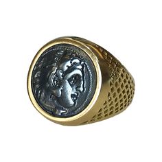 The design of this signet ring is based off a pontiff intaglio ring for wax seals. The coin set in the ring is an oxidized silver casting of a vintage greek coin featuring Alexander The Great. Oxidized silver has a beautiful historic feel for jewelry (think Austro-Hungarian empire) and is a wonderful contrast to the yellow gold. MATERIAL: 18k yellow gold, Oxidized Silver DIMENSIONS: 0.75″ diameter Antique Coin-shape Engraved Signet Ring, Antique Coin Shaped Engraved Signet Ring, Antique Engraved Coin Signet Ring, Vintage Engraved Coin Signet Ring, Intaglio Ring, Silver Casting, Ancient Roman Coins, Swords Medieval, Austro Hungarian