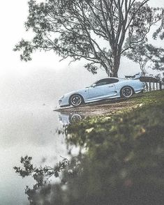 a silver sports car parked next to a tree on the side of a hill near water