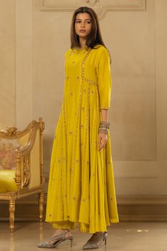 Buy Yellow Chiniya Silk Hand Embroidered Butti Motifs Anarkali And Pant Set For Women by Paulmi and Harsh Online at Aza Fashions.