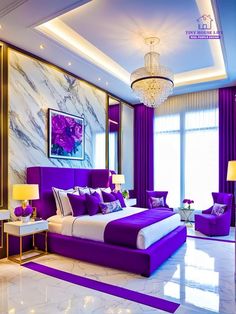 a purple and white bedroom with chandelier