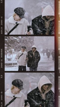 four different pictures of people walking in the snow, one with a camera and one without