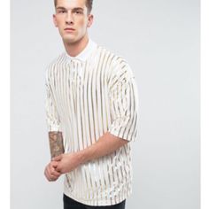 Asos Oversized Polo With Gold Metallic Vertical Stripe Xl Brand New, Never Worn Oversized Modern Summer Shirt, Modern Oversized Summer Shirt, Modern Oversized Shirt For Summer, Gold Casual Shirt For Spring, Casual Gold Shirt For Spring, Oversized White Spring Tops, Oversized White Collared T-shirt, White Oversized Collared Top, Modern White Shirt For Spring