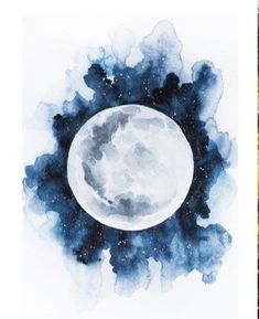 a painting of the moon with clouds and stars around it in black and white colors