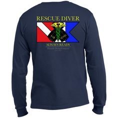 This "Rescue Diver with Dive Flag" long sleeve shirt by Pinnacle Diving Company features a hand-drawn design by AJ from PDC on the back, and is ready for your next dive trip, or simply just to bum around with in the local dive shop with! .: Made and Printed in the USA .: 5.5 ounce; Shoulder-to-shoulder taping; Coverseamed neck; Rib knit cuffs; Double-needle hem .: Athletic Heather 90/10 Cotton/Poly .: PDC logo printed on the left chest, and "Rescue Diver with Dive Flag" design is printed on the Dive Flag, Rescue Diver, Dive Shop, Hand Drawn Design, Flag Design, Mens Graphic Tee, Knit Cuff, Diver, Shoulder Taping