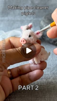 a hand holding a tiny pig with a needle in it's mouth and the words making pipe cleaner pluglets part 2