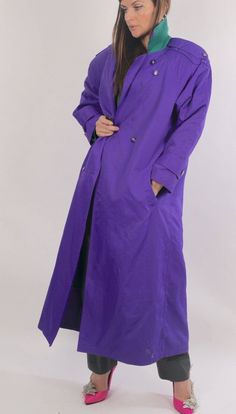 Vintage The Water's Edge Purple Violet Collared Double Breasted Long Maxi Trench Coat Size 8 Coat is Pre-owned, Good Vintage Condition Missing one button on front. Few light stains on bottom hem on front Violet color Shell: 100% Nylon Dry clean only Button closure on front Long sleeves Two pockets on front Collared Padded shoulders If you are interested in any other items from this look, please let me know * Brand: The Water's Edge * Size: 8 * Color: Violet * Style: Coat * Condition: Pre-owned * Spring Purple Outerwear For Work, Spring Raincoat With Pockets In Solid Color, Solid Long Sleeve Raincoat For Spring, Solid Spring Raincoat With Pockets, Spring Solid Color Raincoat With Pockets, Long Sleeve Raincoat With Button Closure For Work, Spring Long-sleeved Raincoat With Button Closure, Spring Long Sleeve Raincoat With Button Closure, Spring Raincoat With Button Closure