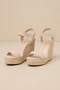 Seize the day and make it great in the Lulus Beachy Dreams Natural Suede Espadrille Wedges! Soft beige-colored suede shapes a fun peep-toe upper and matching quarter strap that secures with a silver buckle. Trendy espadrille details wrap around the 1.25"" toe platform and the sturdy wedge heel adding a beachy, relaxed vibe. 5" espadrille-wrapped wedge. Cushioned insole. Felted rubber sole has nonskid markings. Upper Material: Fabric. Sole Material: TPR. Imported. Lulus | Beachy Dreams Natural Su High Heel Suede Wedge Sandals For Summer, Summer Suede Wedge Heels, Adjustable Beige Summer Heels, Beige Suede Open Toe Wedge Sandals, Cream Suede Heels For Summer, Summer Beige Suede Heels, Beige Suede Heels For Summer, Beige Suede Wedge Sandals With Ankle Strap, Women Evolve