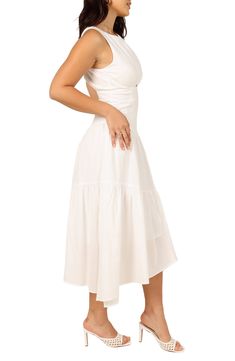 An asymmetric hemline punctuates this sleeveless cotton-and-linen midi dress with a subtle cutout at the bodice. Hidden back-zip closure Jewel neck Sleeveless, with cutaway shoulders Lined 70% cotton, 30% linen Hand wash, line dry Imported Linen Sleeveless Sundress For Daytime, Daytime Linen Sleeveless Sundress, Sleeveless Linen Sundress For Daytime, Feminine Sleeveless Linen Maxi Dress, Sleeveless Linen Maxi Dress For Daytime, Sleeveless Linen Daytime Dresses, Cotton Midi Dress With Fitted Bodice Sleeveless, White Sleeveless Dress With Fitted Bodice, Midi Length, Feminine Cotton Midi Dress With Fitted Bodice