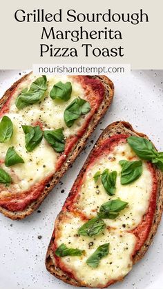 Two slices of sourdough toast topped with pizza sauce, melted mozzarella cheese and fresh basil. Pizza Margherita, Whole Grains, Margherita Pizza, Nutritious Breakfast