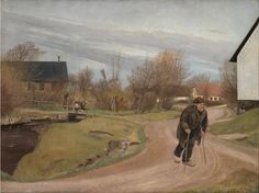 a painting of a man walking down a dirt road