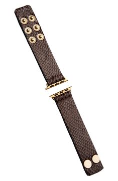 A rich texture defines a leather strap that shows off your Apple Watch and wraps around the wrist to serve as a stunning accessory. Apple Watch not included Compatible with Series 1–7 Apple Watch Leather Imported Gold Rectangular Leather Strap Apple Watch Band, Gold Leather Watch Strap, Gold Leather Wrist Strap For Watches, Adjustable Gold Leather Watch Bands, Gold Rectangular Leather Apple Watch Band, Gold Rectangular Apple Watch Band With Leather Strap, Luxury Brown Bracelet Strap Apple Watch Band, Brown Leather Strap For Watch Accessories, Leather Apple Watch Band Fashion Accessory