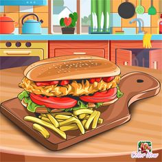 a drawing of a hamburger and french fries on a cutting board in a cartoon kitchen