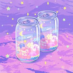 two glass jars filled with cartoon characters sitting on top of a purple surface next to stars