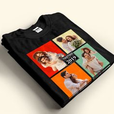 a black t - shirt with four different photos on the front and back of it