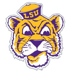 the lsu tigers logo is shown in purple and yellow, with an orange hat on top