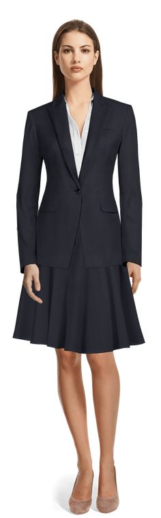 This elegant skirt suit in dark blue is ready for whenever you need it. Features a modern slim fit, and it is easy to pair with shirts, blouses or tops. Details include a 1 button closure and peak collar. Expertly finished inside and out, this skirt suit is a wardrobe investment Crafted in a beautiful woven fabric, made out of terylene, rayon and spandex, what gives very good properties that make this blazer really comfortable, wrinkle free and easy to wear. An ideal suit for every day. The fully lined high waisted skirt with no side pockets and front zipper creates a classic skirt suit for all occasions.  At sumissura every single suit is made to measure, so you can customize this design or you can create your own here: Skirt Suit Fitted Single Button Suit For Office Lady, Fitted Notch Lapel Professional Skirt Suit, Professional Fitted Skirt Suit With Notch Lapel, Fitted Skirt Suit With Suit Collar For Business, Professional Fitted Notch Lapel Skirt Suit, Fitted Business Skirt Suit With Suit Collar, Professional Notch Lapel Fitted Skirt Suit, Professional Notch Lapel Skirt Suit For Business, Tailored Single Button Skirt Suit For Semi-formal