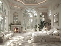 a white bedroom with large windows and a fireplace in the corner is furnished with furniture