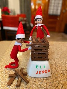 Elf on the shelf jenga Elf Ideas Easy, Elf Of The Shelf, Christmas Elf Ideas, Shelf Elf, Elf Shelf, Christmas Elf On The Shelf, Elf Magic, Awesome Elf On The Shelf Ideas, Elf On Shelf Ideas