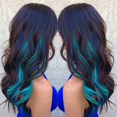 Brown Hair WIth Blue and Turquoise Streaks: Blue Hair Extensions, Blue Brown Hair, Magenta Hair, Funky Hair, 2023 Hair, Hair Color Streaks, Bright Hair Colors, Human Hair Clip Ins, Bright Hair