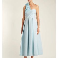 This Designer Is Regularly Worn By Hrh Kate Middleton. The Stretch Satin Tulle Material Is So Elegant And Heavy In The Right Way. It Is Exquisitely Cut And A Beautiful Color. Blue Midi Dress For Spring Gala, Light Blue Evening Dress For Spring, Elegant Light Blue Dress For Gala, Elegant Light Blue Gala Dress, Blue Pre-draped Dress With Pleated Bodice, Elegant Light Blue Pleated Midi Dress, Light Blue One-shoulder Cocktail Dress, Light Blue Spring Evening Dress For Cocktail, Spring Evening Dress With Asymmetrical Neckline For Dinner