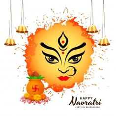 happy navrathri festival background with golden bells and face on white background illustration